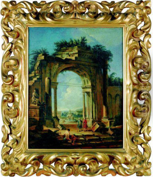 Figures Elegantes Se Promenant Au Pied D'une Arche Romaine Oil Painting - Giuseppe Zais