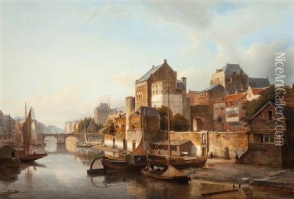 A View Of A Town By A River Oil Painting - Kasparus Karsen