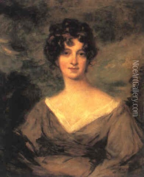 Portrait Of Miss Mary Usticke Of Woodland, Half Length In A Brown Dress, A Red Ribbon In Her Hair Oil Painting - Thomas Lawrence