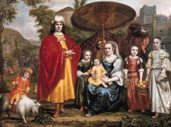 Portrait Historie Of A Family In A Landscape Oil Painting - Jan Victors