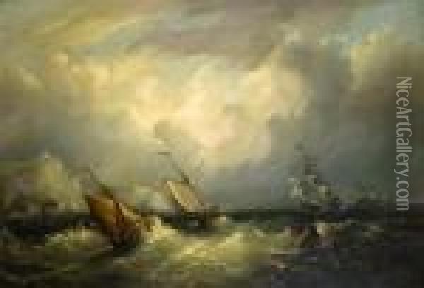 Segelschiffe Auf Sturmischer See Vor Der Englischen Steilkuste Oil Painting - Frederick Calvert