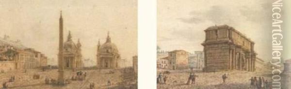 Deux Vues De Rome : Piazza Del Popolo Et L'arc De Constantin Oil Painting - Victor-Jean Nicolle