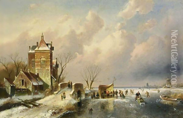 Skaters On The Ice Near A A´koek En Zopie A´ Oil Painting - Charles Henri Leickert