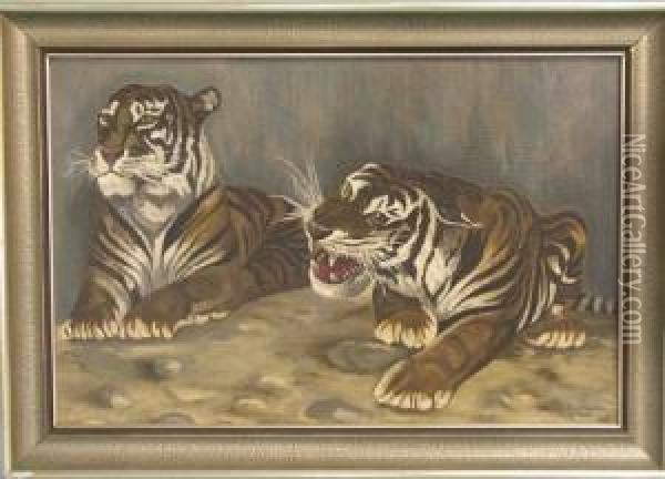 Zwei Liegende Tiger Oil Painting - Arthur Schneider