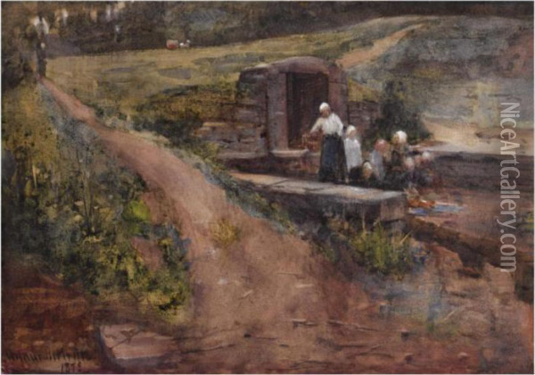 Washerwomen At Gres Oil Painting - Arthur Melville