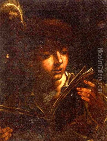 A Boy With A Plummed Hat Reading A Book Oil Painting - Bartolomeo Manfredi