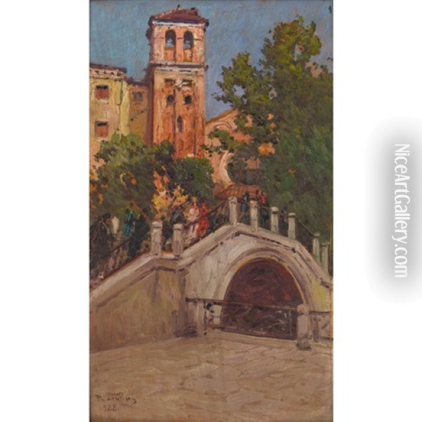 Campanile Della Chiesa San Felice A Venezia - 1928 Oil Painting - Rocco Lentini