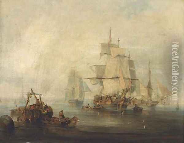 Trading brigs at anchor and drying their sails as the cargo is unloaded Oil Painting - George Chambers