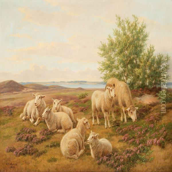 Grazing Sheep Oil Painting - Andreas Peter Madsen