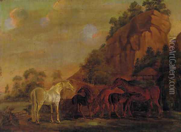 Mares and foals by a rocky outcrop Oil Painting - Sawrey Gilpin