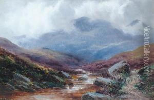 Sheep In A Highland Landscape; A River Landscape With Mountains Beyond Oil Painting - Samuel John Barnes