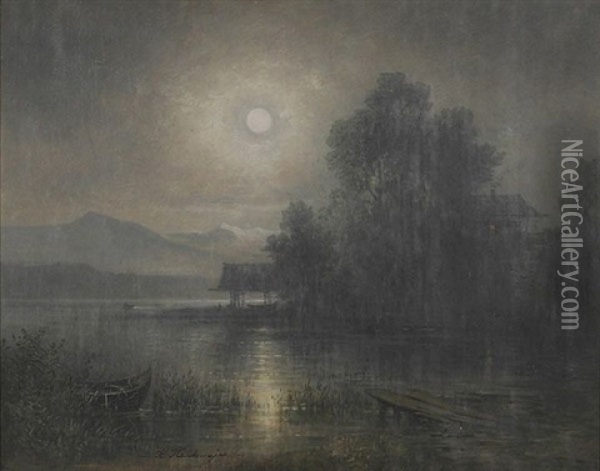 Mondnacht Am See, Im Hintergrund Die Alpen Oil Painting - Karl Heilmayer
