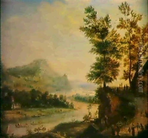 Flusslandschaft Mit Flossern Oil Painting - Johannes Huibert (Hendric) Prins