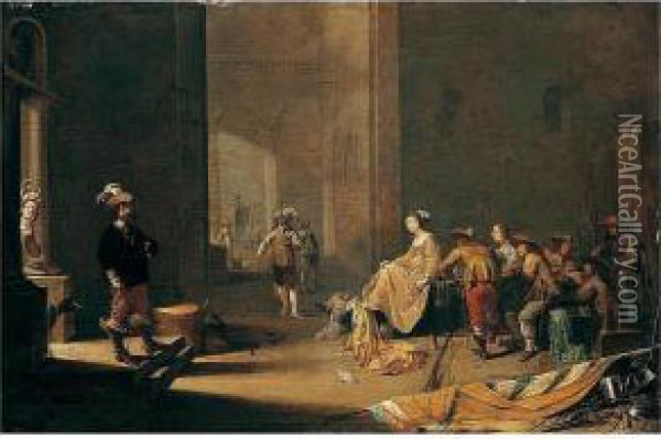 A Palatial Guardroom Interior With Soldiers And Courtesans Conversing Oil Painting - Jacob Duck