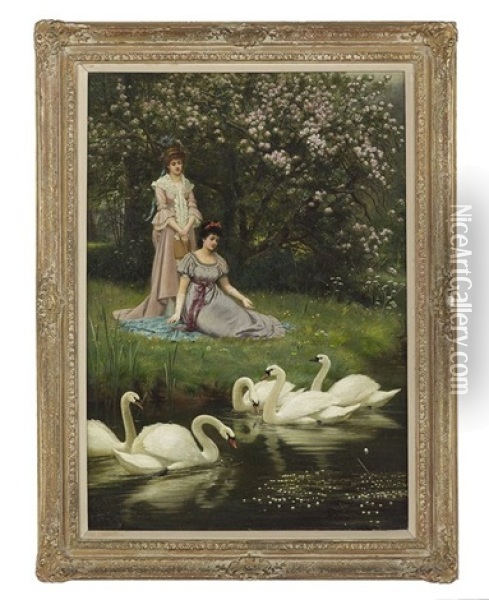 Feeding The Swans Oil Painting - Alfred Glendening Jr.