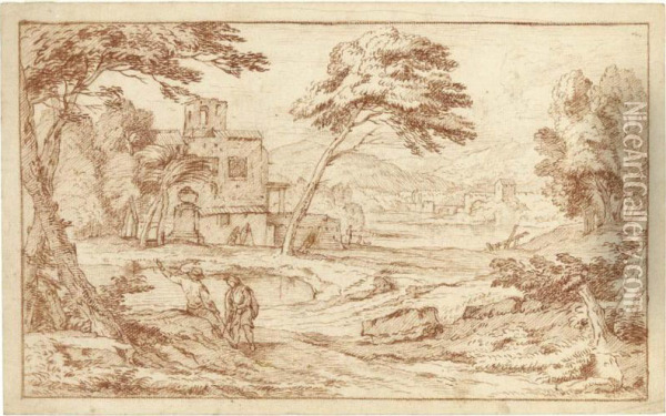 A Southern Landscape With Men In The Foreground And Other Figures Near A Building, Next To A Pond Oil Painting - Adriaen Frans Boudewijns