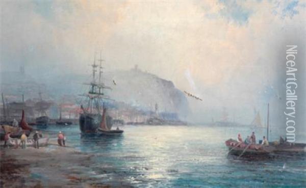 Shipping And Small Fishing Boats Outside Withy Harbour Atsunset Oil Painting - William A. Thornley Or Thornber
