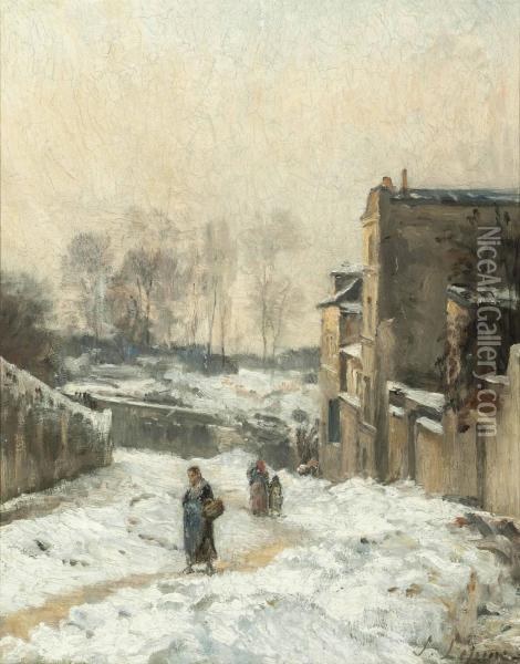 Figures In The Snow, La Rue Cortot, Montmartre Oil Painting - Stanislas Lepine