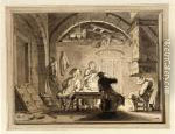 An Interior With Figures Around A Table And A Man Sleeping By The Chimney Oil Painting - Bartholomaus Barbiers