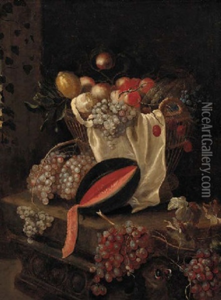 Grapes, Peaches, Cherries, Peeled Lemons And Melons In A Basket, With A Butterfly On A Stone Ledge Oil Painting - Abraham van Beyeren