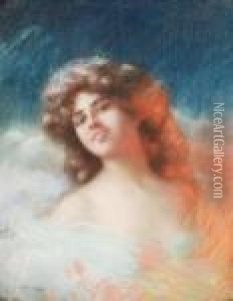 Portrait Of A Lady With Long Hair, Wearing A White Gown. Pastel On Cardboard, Signed Oil Painting - Delphin Enjolras