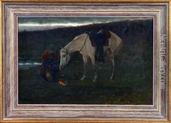 Military Officer Kneeling At Fire With Horse Oil Painting - Edwin Willard Deming