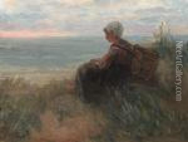 A Fishergirl On A Dunetop Overlooking The Sea Oil Painting - Jozef Israels