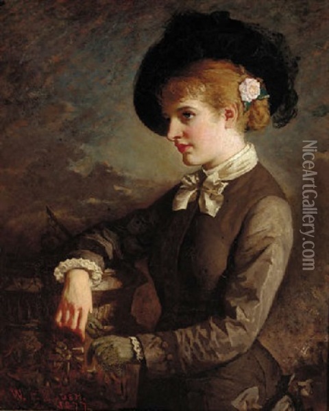 Portrait Of A Lady By A Sundial, Wearing A Hat With A Rose In Her Hair Oil Painting - William Thomas Roden