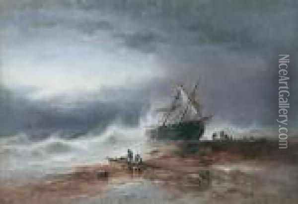 A Wreck Scene, A Two Master On The Rocks, Figures Nearby Oil Painting - S.L. Kilpack