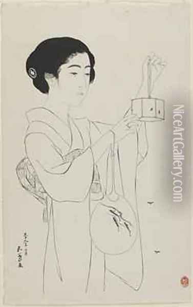 Woman Holding a Firefly Cage Taisho era Oil Painting - Goyo Hashiguchi