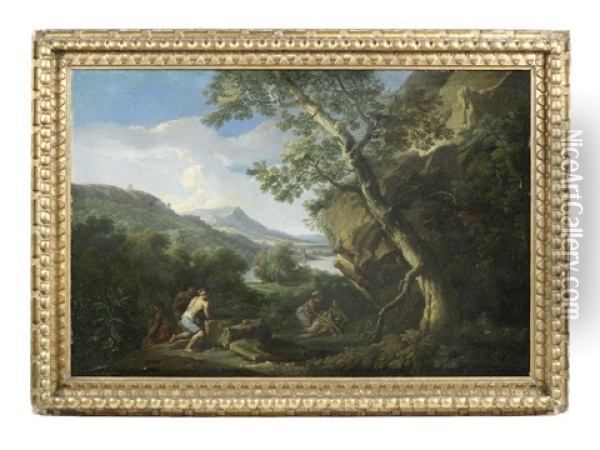 A Wooded River Landscape With Shepherds Observing Bathers Oil Painting - Andrea Locatelli