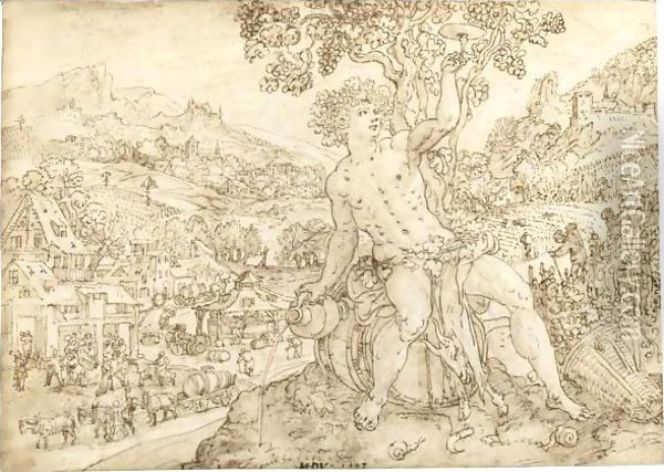 Bacchus Seated In A Landscape, The Harvest To His Right And A Town Below An Allegory Of Autumn Oil Painting - Maarten de Vos