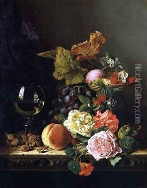 A Wine Glass Grapes Nuts and Roses on a Ledge Oil Painting - Edward Ladell