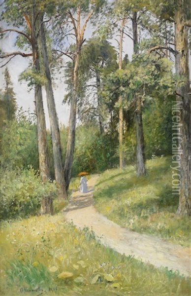 Kvinna Pa Skogspromenad Oil Painting - Olof Hermelin