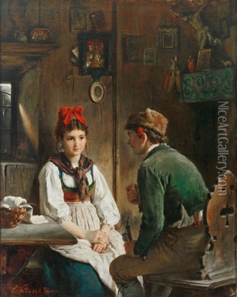 In Einer Schwarzwalder Bauernstube Sitzt Sich Ein Junges Paar Gegenuber Oil Painting - Ludwig Vollmar
