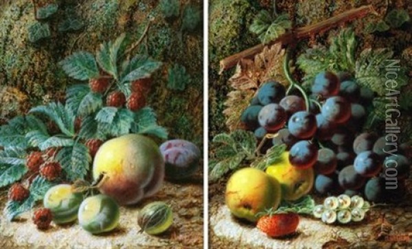 Still Life Studies Of Mixed Fruit On A Mossy Bank (2 Works) Oil Painting - Oliver Clare