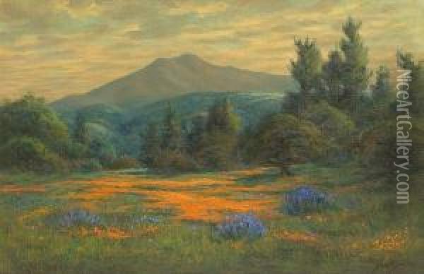 A Field Of Poppies And Lupine With Mt. Tamalpais In The Distance Oil Painting - John Henry Ramm