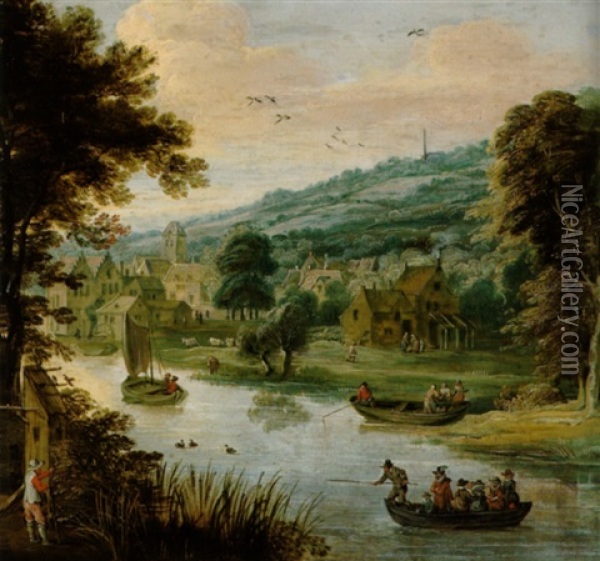 Dorf An Einem Fluss Mit Booten Und Figuren Oil Painting - Frans de Momper