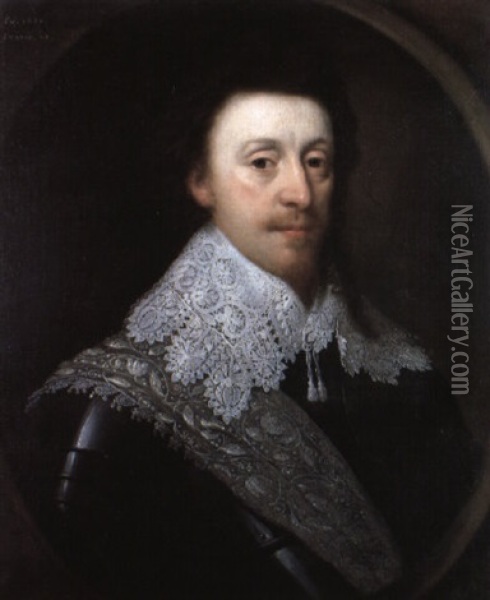 Portrait Of A Man Wearing Armour With A Green Brocade Sash And Lace Collar Oil Painting - Michiel Janszoon van Mierevelt