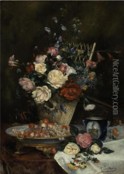 Still Life With Roses, Cherries And Grapes Oil Painting - Eugene Henri Cauchois