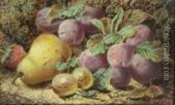 A Still Life Of Fruit On A Mossy Bank Oil Painting - Oliver Clare