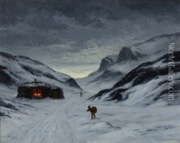 Evening Scenery From A Greenlandic Settlement Oil Painting - Emanuel A. Petersen