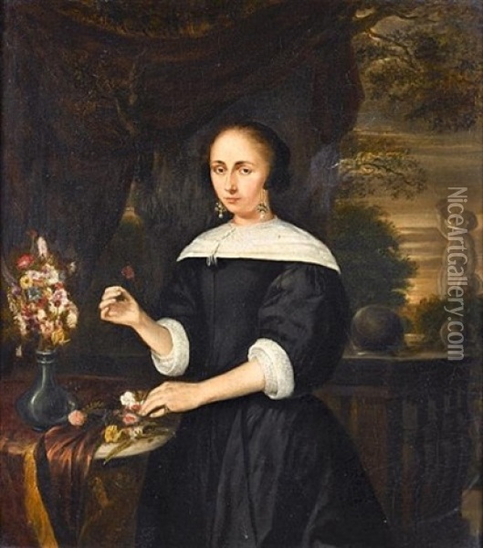 Portrait Of A Lady, Small Three-quarter-length, In A Black Dress With White Collar And Cuffs, Arranging Flowers At A Draped Ledge, On A Balcony Oil Painting - Nicolaes Maes
