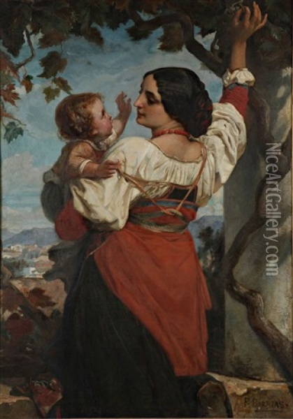 Femme A L'enfant Et Raisin Oil Painting - Felix Joseph Barrias