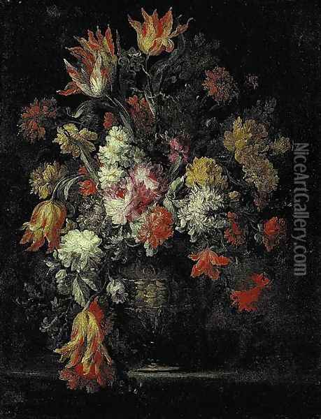 Tulips, carnations and other flowers in an urn on a ledge Oil Painting - Margherita Caffi