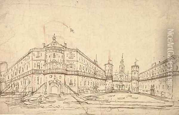 A fantastic palace by a canal Design for a theatre Oil Painting - Venetian School
