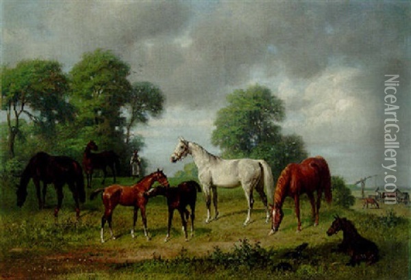 Mares And Foals In A Landscape Oil Painting - Emil Adam
