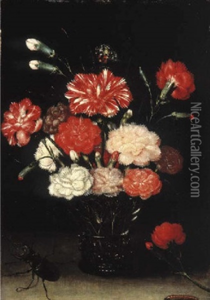 Carnations In A Roemer With A Butterfly, A Caterpillar And A Stag Beetle Oil Painting - Pieter Binoit