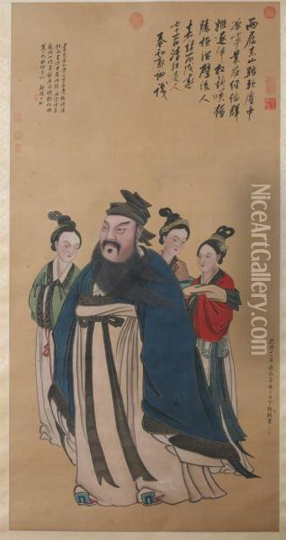 Xie An And His Concubines, After Guo Yu Oil Painting - Ding Guanpeng