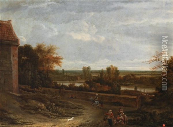 A River Landscape With A Mansion And Figures Oil Painting - Adriaen Hendricksz. Verboom